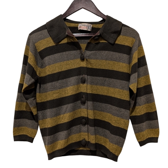 Ballantyne Sweaters - VTG Ballantyne of Peebles Cashmere Striped Cardigan Sweater Scotland 3/4 Sleeves
